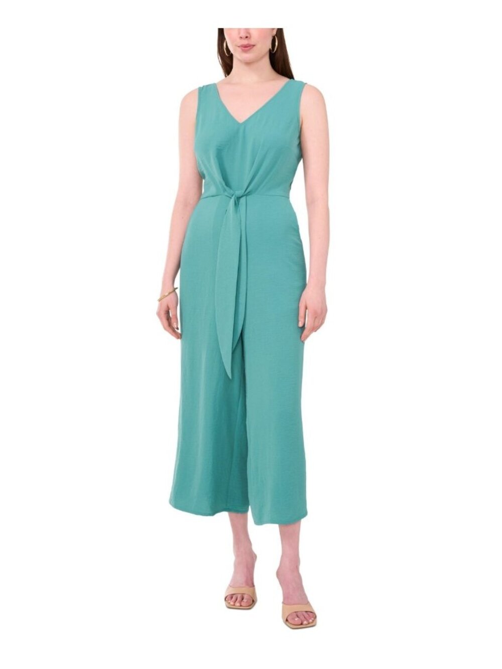 Vince Camuto Sleeveless V-Neck Tie-Waist Jumpsuit Aqua Green Size M $109